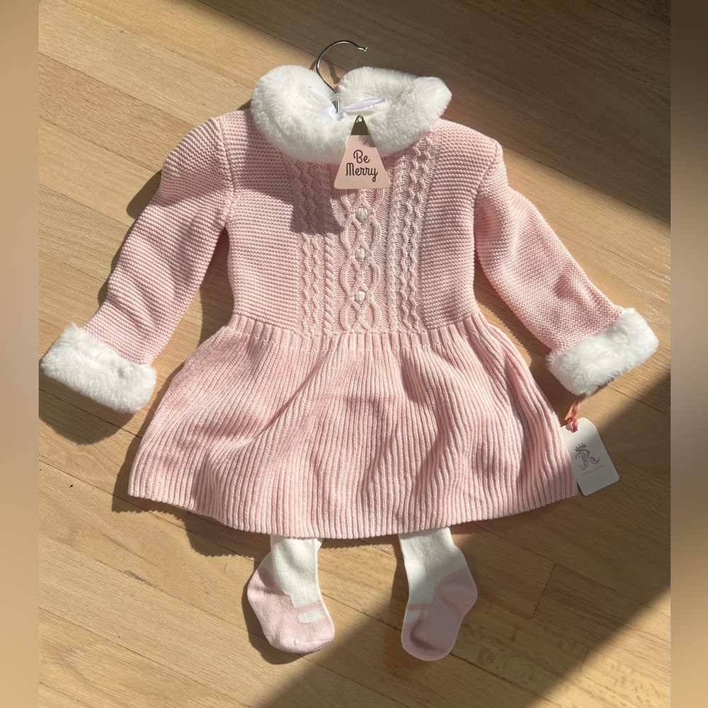 Pink Winter Knit Dress With Faux Fur
